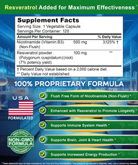 aSquared Nutrition Nicotinamide with Resveratrol ingredients label highlighting Non-Flush Niacinamide