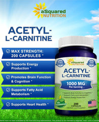 aSquared Nutrition Acetyl L-Carnitine label detailing ingredients and vegan formula