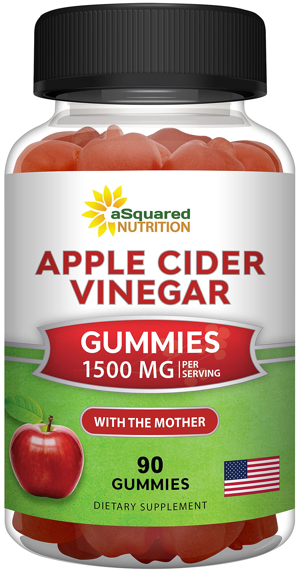 aSquared Nutrition ACV gummies bottle front label highlights 1500mg strength for daily use.
