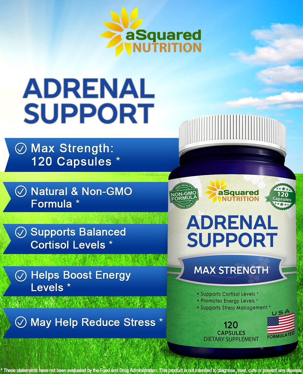 Closeup of aSquared Nutrition Adrenal capsules highlighting convenient capsule form.