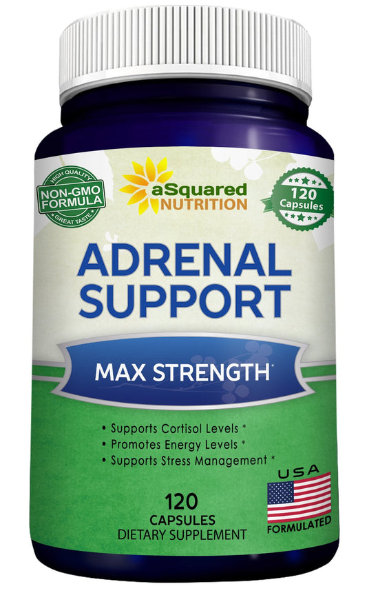 aSquared Nutrition Adrenal Support bottle helps daily energy and stress balance.
