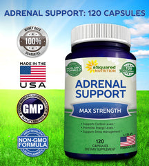 Adrenal Ingredients panel emphasizes Ashwagandha, Rhodiola, and Ginseng blend.
