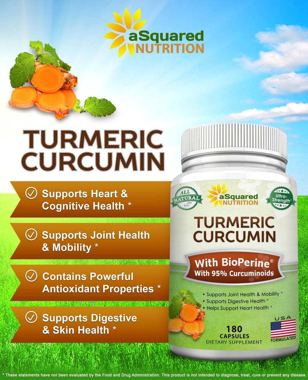 asquared Nutrition bottle with spoon of turmeric powder conveys convenient daily use.