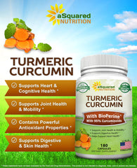 asquared Nutrition bottle with spoon of turmeric powder conveys convenient daily use.