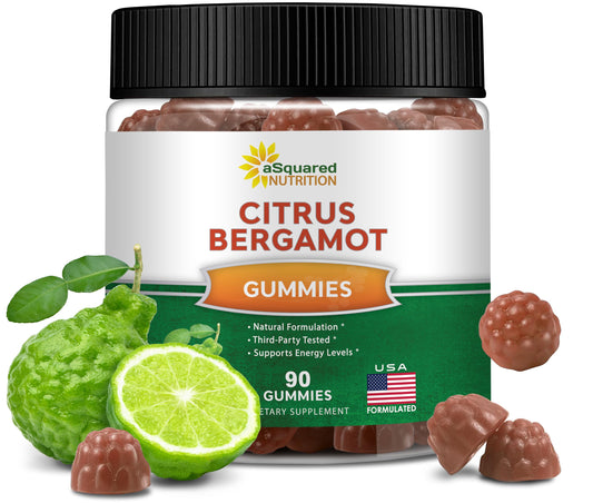 Asquared Nutrition Citrus Bergamot Gummies bottle highlights 500 mg per serving for daily wellness.
