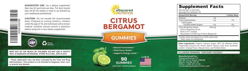 Two gummies serving suggestion for Asquared Nutrition Citrus Bergamot Gummies.