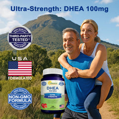 aSquared Nutrition DHEA 100mg bottle label close-up highlights potency and GMP quality