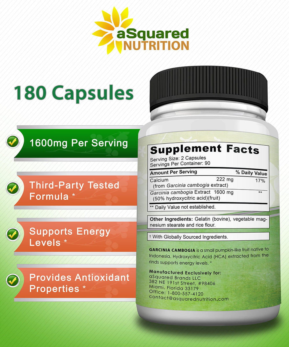 aSquared Nutrition Garcinia Cambogia bottle emphasizes HCA content and strength.