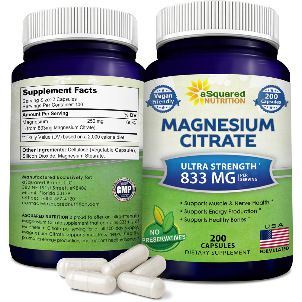 aSquared Nutrition magnesium citrate bottle shows max strength vegan formula for energy support