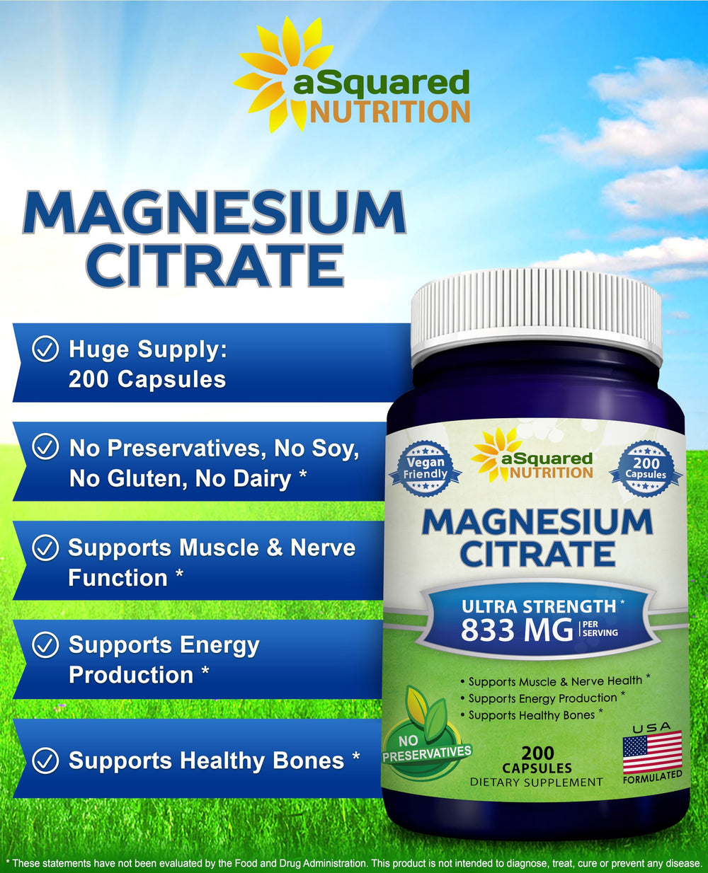 aSquared Nutrition serving scoop beside bottle shows 833 mg per serving for easy dosing