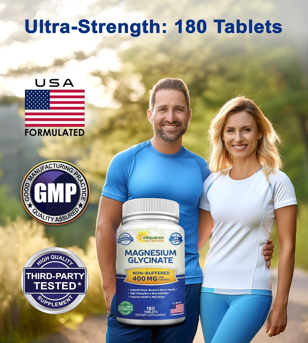 asquared nutrition magnesium glycinate 400mg bottle back showing non-gmo claim