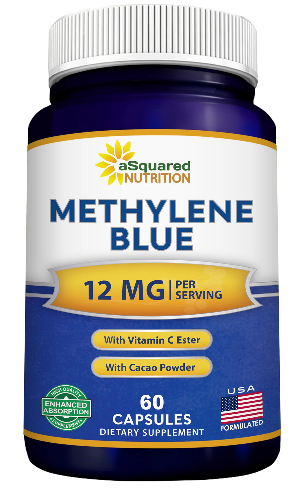 aSquared Nutrition Methylene Blue capsules bottle highlighting a 12 mg dose for potential focus support