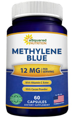 aSquared Nutrition Methylene Blue capsules bottle highlighting a 12 mg dose for potential focus support