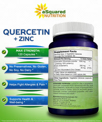 Ingredients panel showing quercetin dihydrate with elderberry and zinc for daily wellness.
