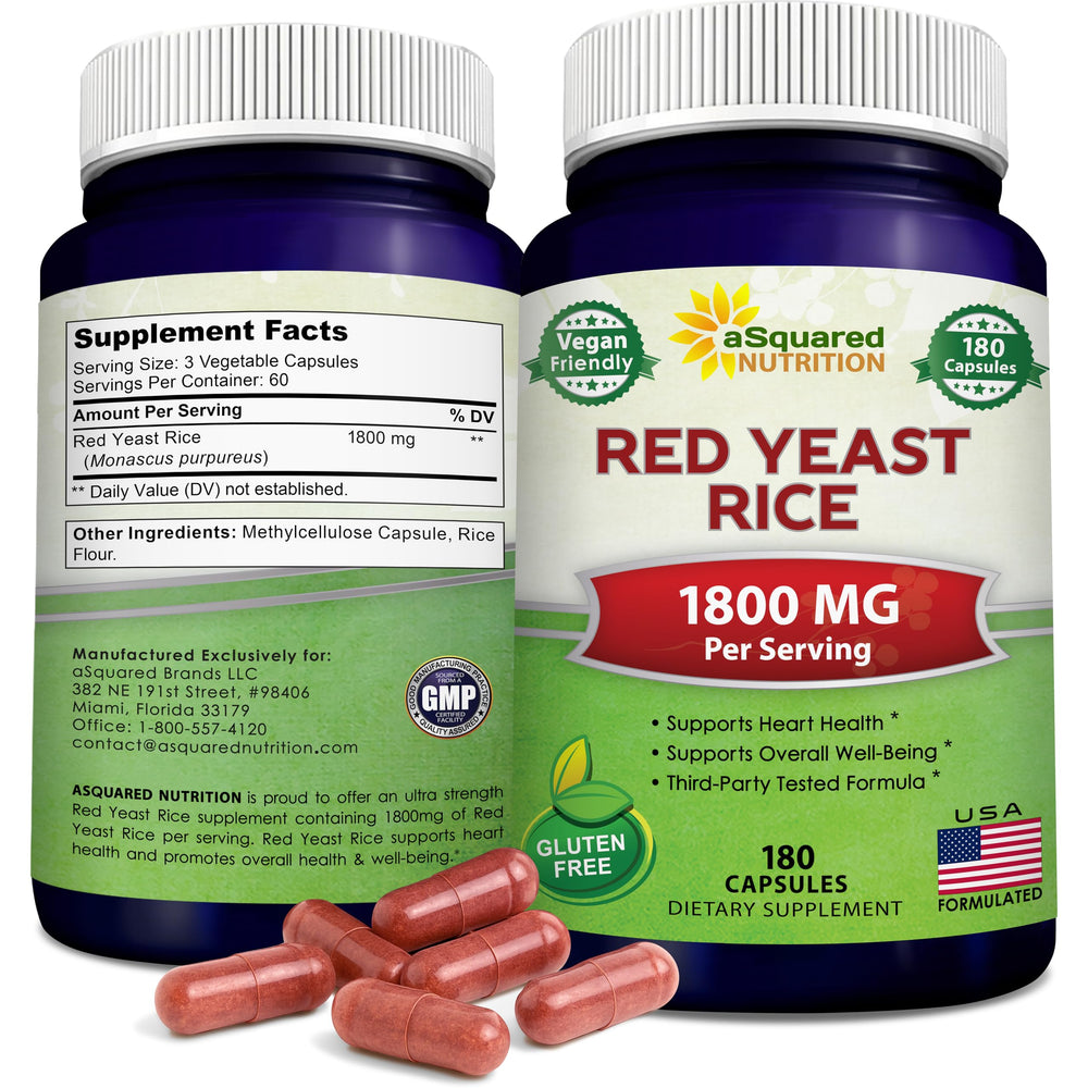 Asquared Nutrition Red Yeast Rice bottle highlighting vegan 1800mg formula for heart health support.