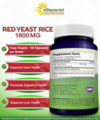 Asquared Nutrition red yeast rice 1800mg supplement promoting digestive and liver health.