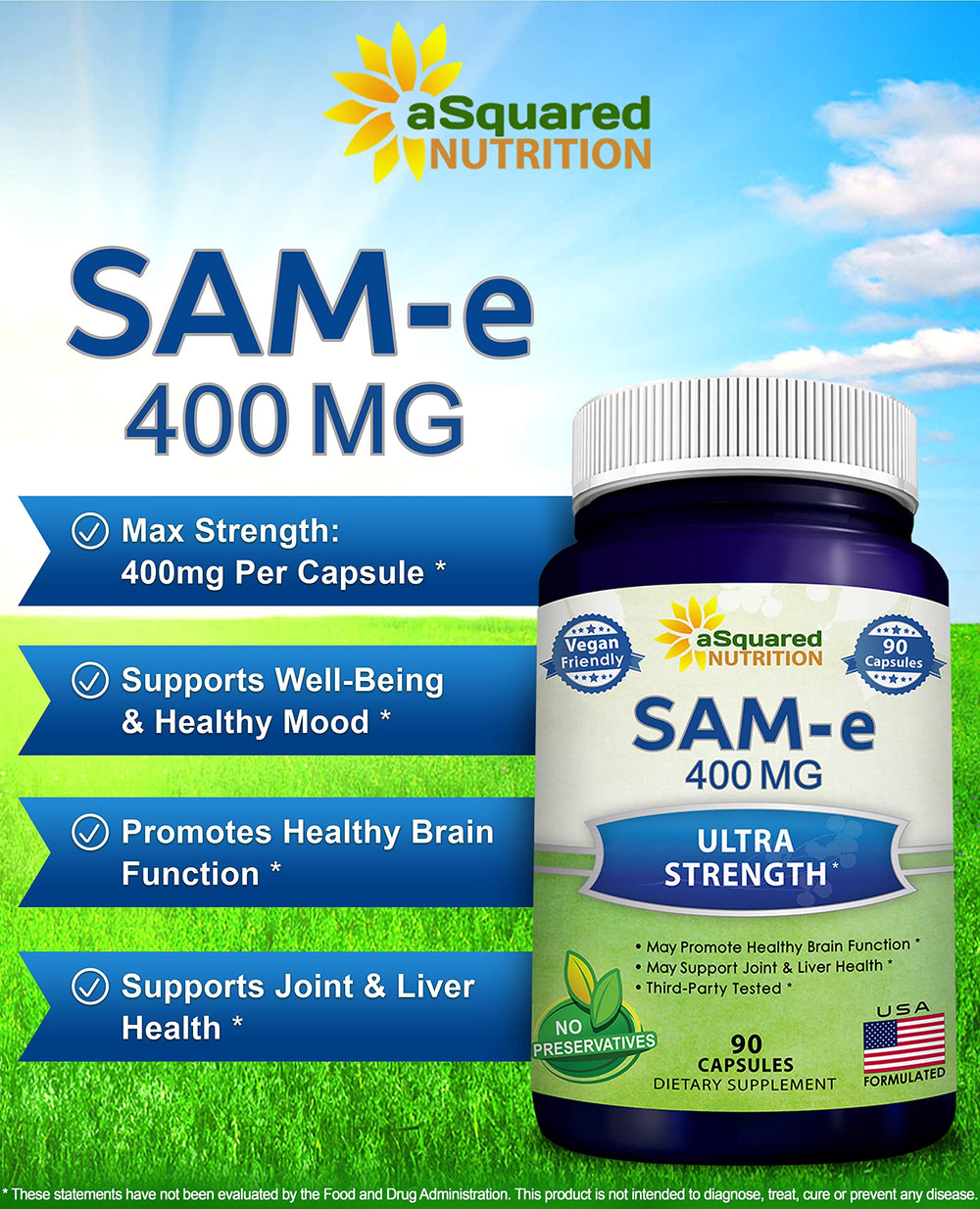 aSquared Nutrition SAM-e 400mg capsules close-up showing vegan formula for brain health.