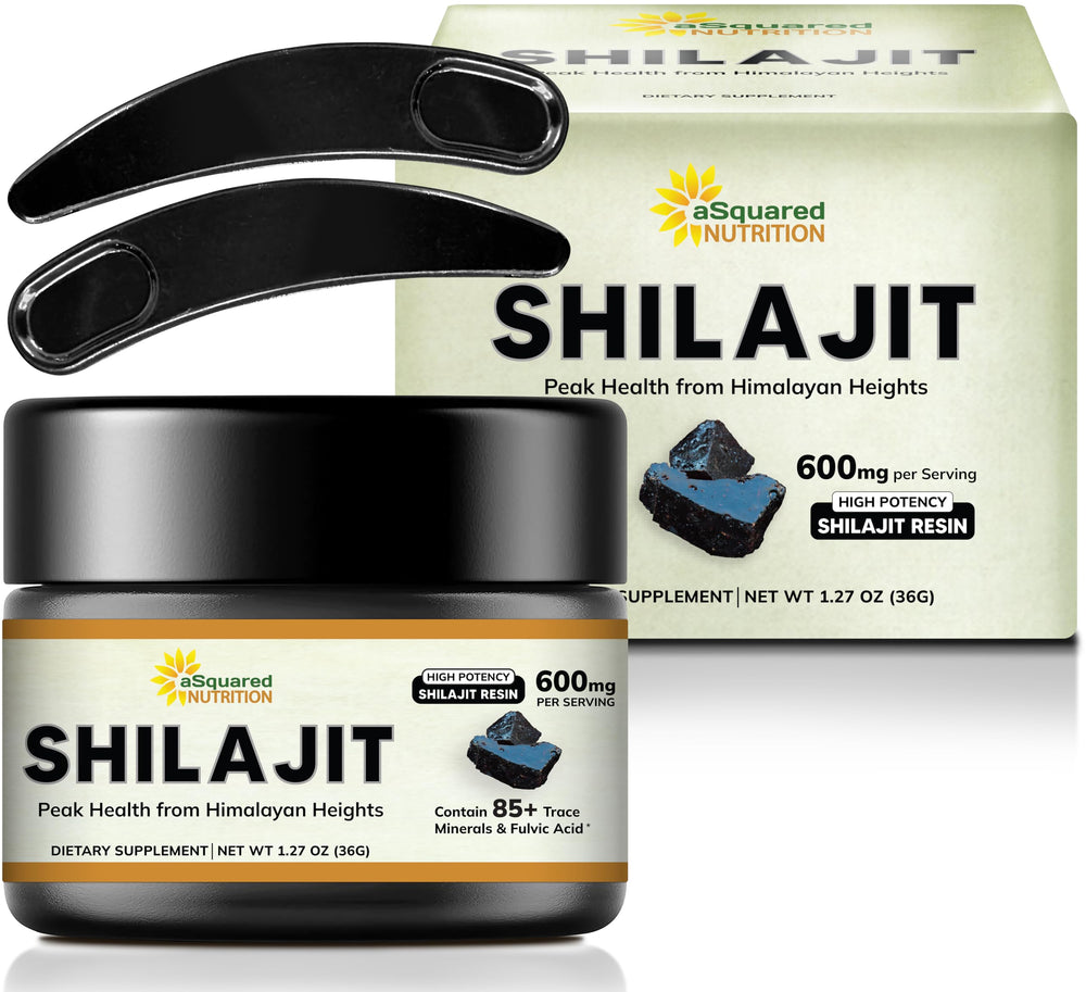 aSquared Nutrition Shilajit Resin 600mg label close-up highlighting 50% Fulvic Acid benefits.