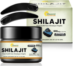 aSquared Nutrition Shilajit Resin 600mg label close-up highlighting 50% Fulvic Acid benefits.