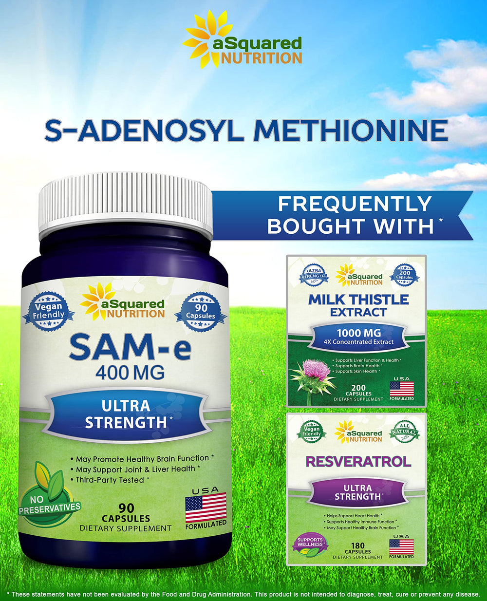aSquared Nutrition vegan SAM-e bottle with cap removed suggesting convenient dosing.
