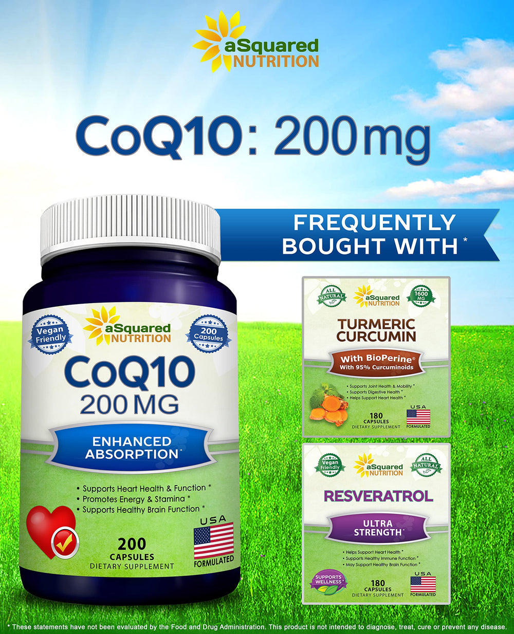 aSquared Nutrition CoQ10 bottle with measuring spoon, easy daily dose