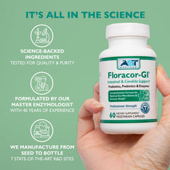 Floracor-GI supplement scene with capsules and glass of water