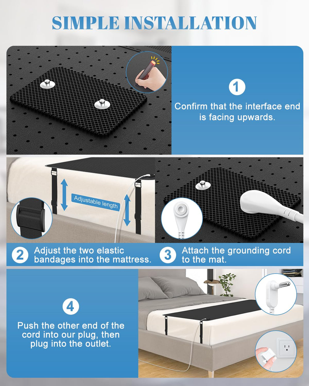 Astarexin grounding mat packaging content image featuring included tester and cord.