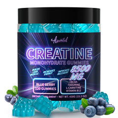 Asumtal Creatine Monohydrate Gummies blueberry bottle showing vegan energy for workouts.