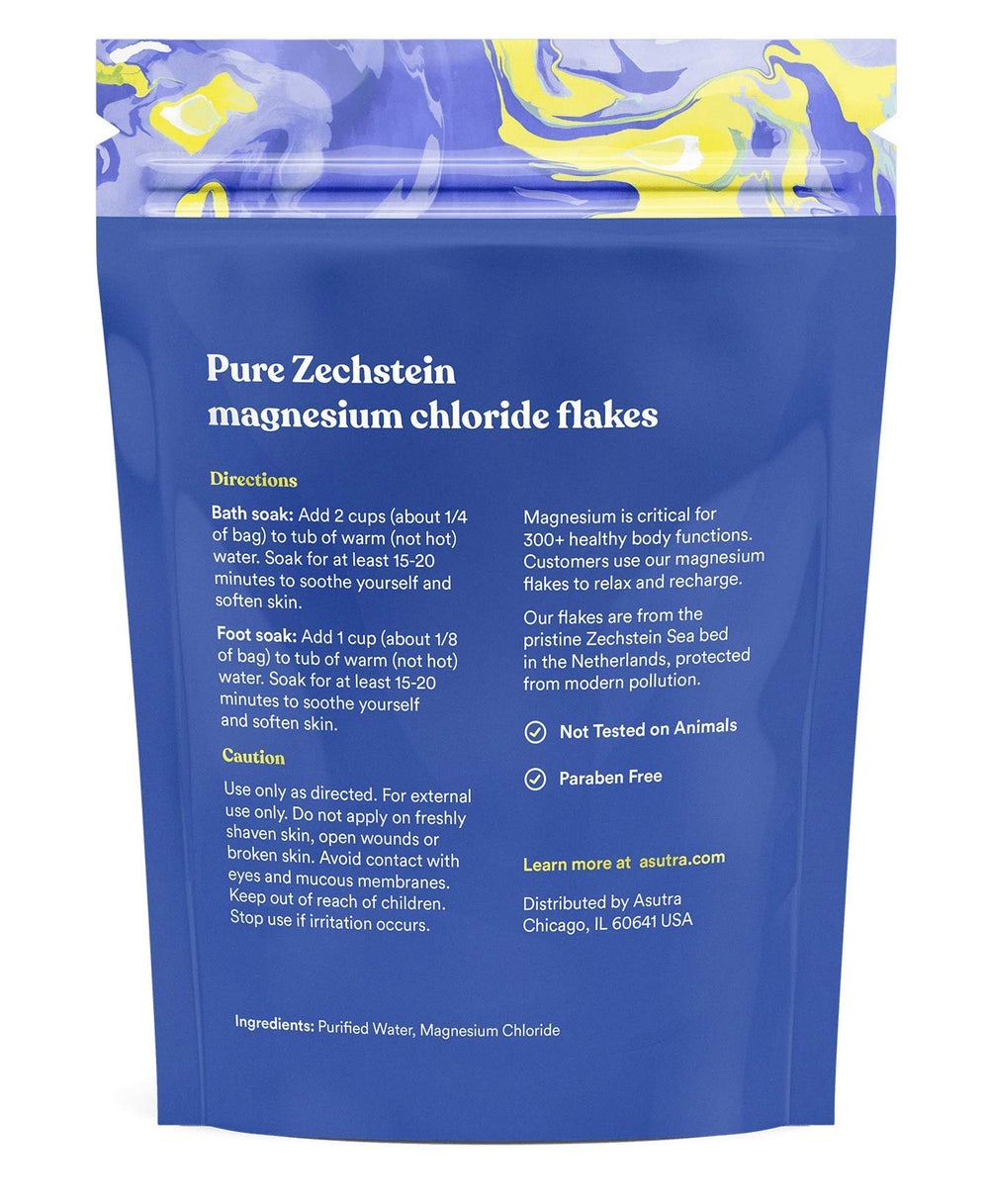 ASUTRA foot soak with magnesium chloride flakes delivering a relaxing soak.