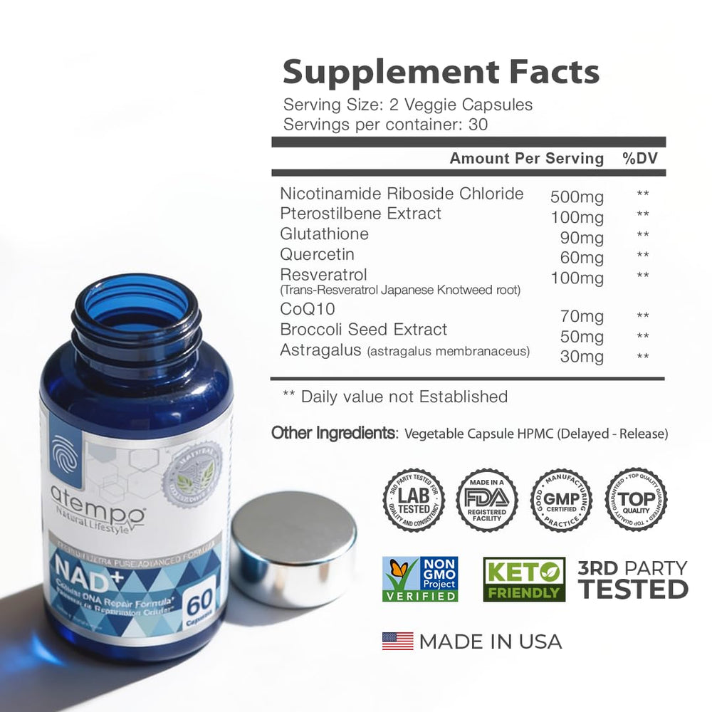 ATEMPO NAD+ capsules close-up highlighting high-absorption energy support