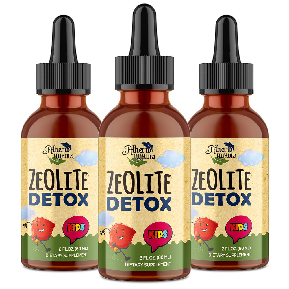 Atherionyxora Zeolite Detox for Kids bottle with natural sweetness and clear dropper