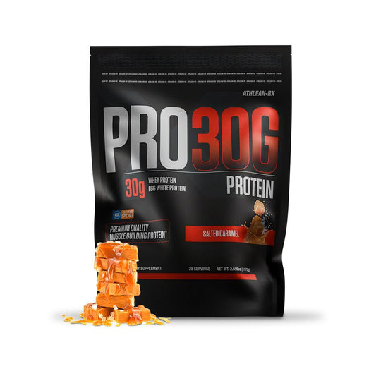 ATHLEAN-RX PRO-30G chocolate salted caramel canister closeup highlighting premium protein features