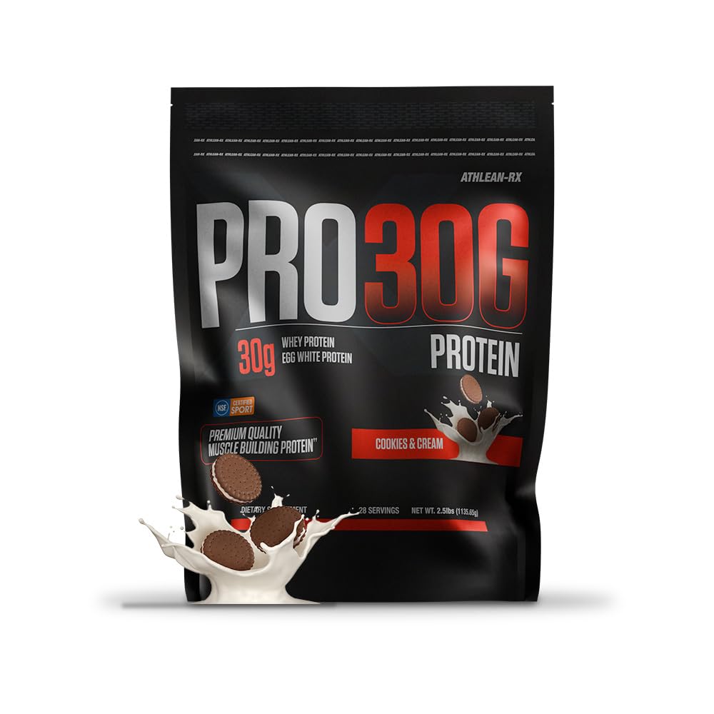 ATHLEAN-RX PRO-30G cookies and cream container front view for high-protein recovery.