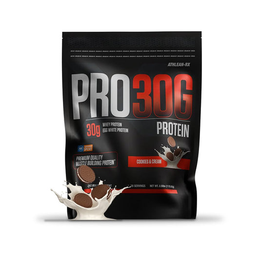 ATHLEAN-RX PRO-30G cookies and cream container front view for high-protein recovery.