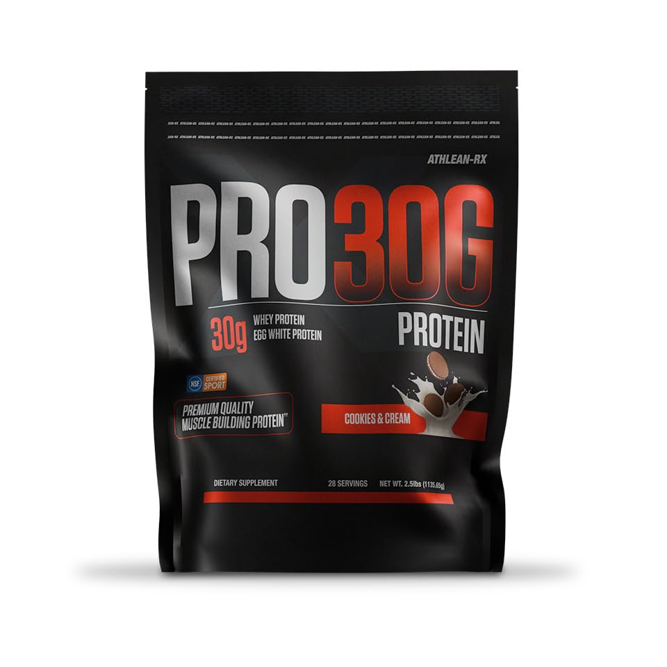 ATHLEAN-RX PRO-30G cookies and cream container side view showing gluten-free formula.