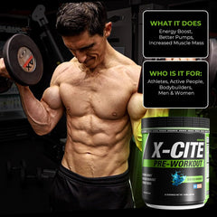 ATHLEAN-RX X-CITE ingredient panel shows beta-alanine, caffeine, and creatine.
