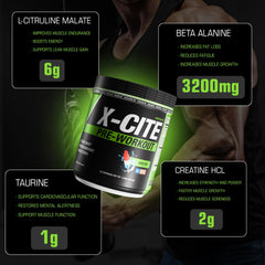 ATHLEAN-RX X-CITE label close-up highlighting branding and ingredients.