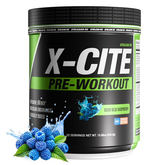 ATHLEAN-RX X-CITE pre-workout bottle ready to boost energy for workouts.