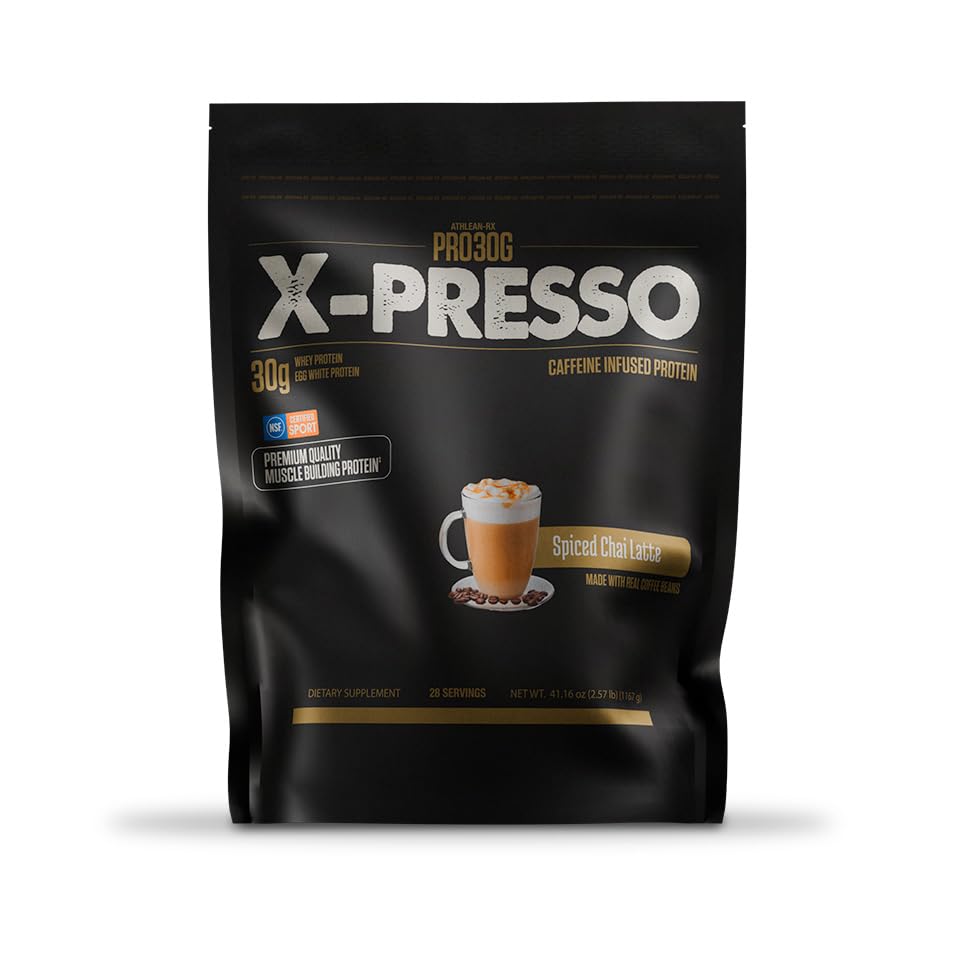 ATHLEAN-RX Xpresso Spiced Chai Latte bottle showing 30 g protein per serving for recovery.