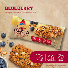 Atkins Blueberry Soft Baked Energy Bars in a bag for travel.