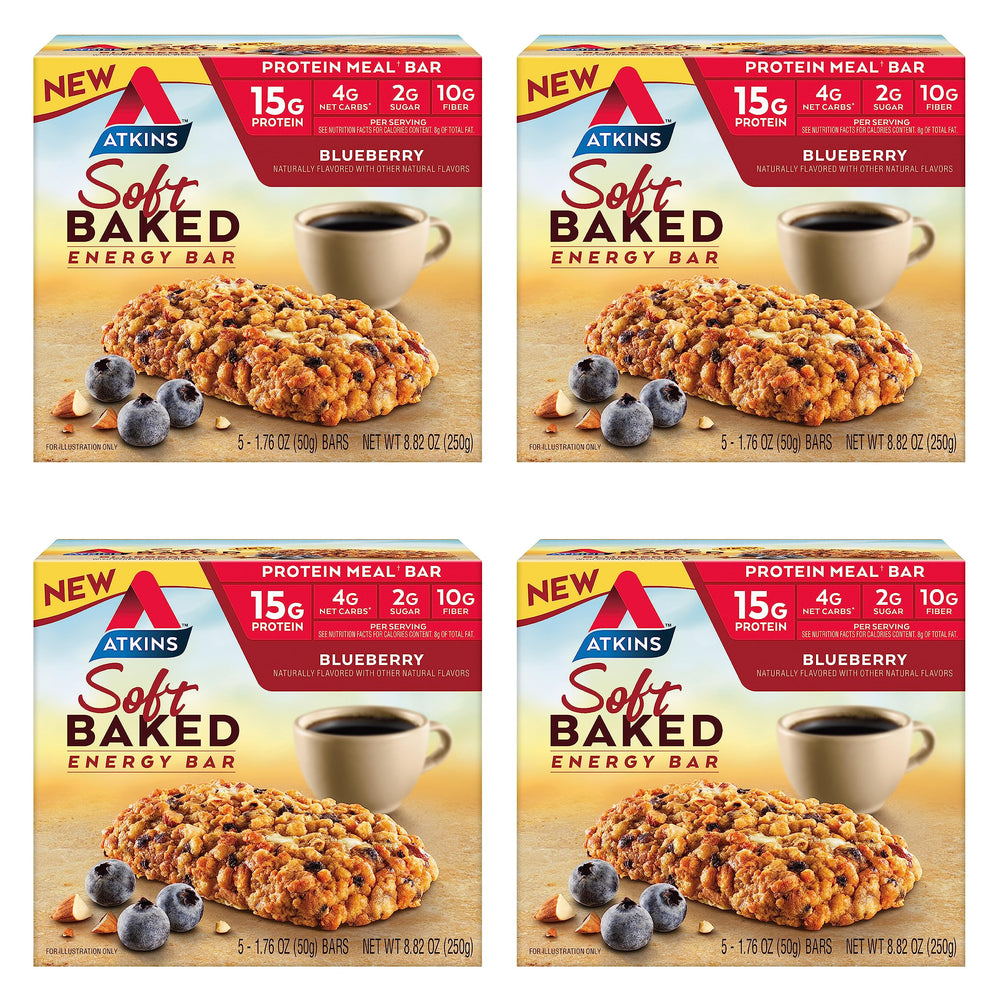 Atkins Blueberry Soft Baked Energy Bars packaging close-up for grab-and-go protein.