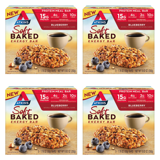 Atkins Blueberry Soft Baked Energy Bars packaging close-up for grab-and-go protein.
