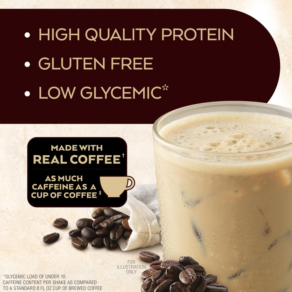 Glass of Atkins Café au Lait Iced Coffee Shake, ready-to-drink on-the-go