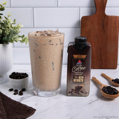 Close-up of Atkins Café au Lait label highlights gluten-free and fiber content