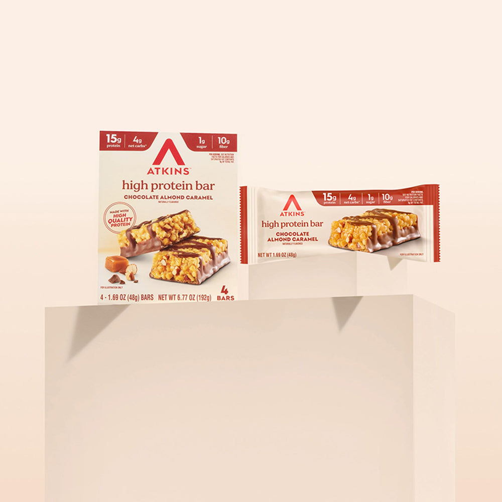 Atkins Chocolate Almond Caramel Bar on-the-go snack during busy day