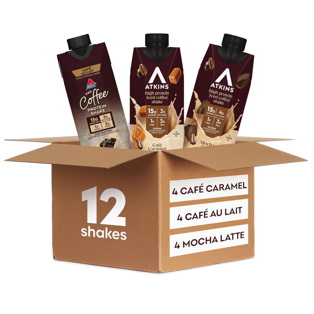 Atkins Coffee Lovers Variety Pack Mocha Latte front view highlighting protein-rich iced coffee.
