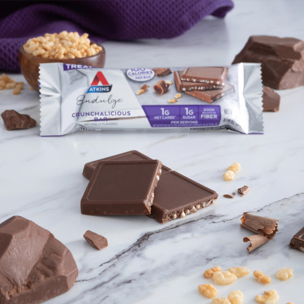 Atkins Endulge Crunchalicious bar, on-the-go pack, easy fit for busy days.