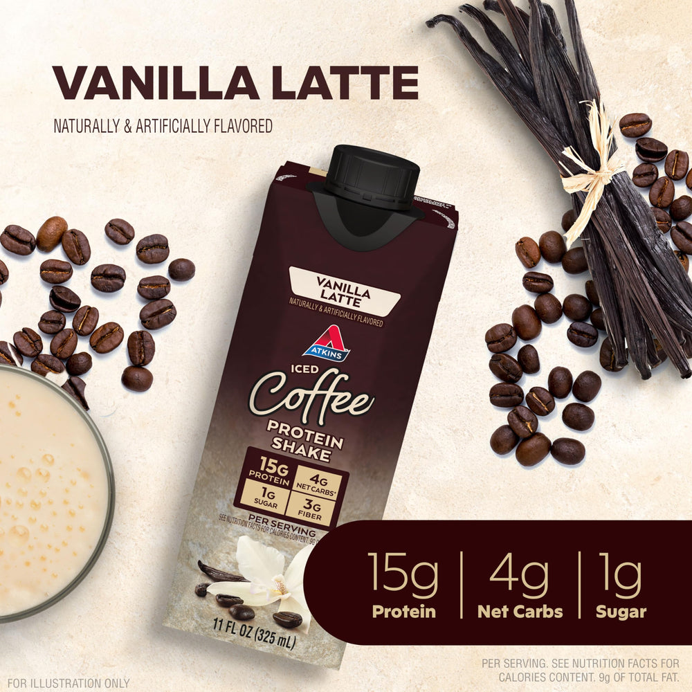 Atkins Iced Coffee Vanilla Latte bottle back with nutrition panel