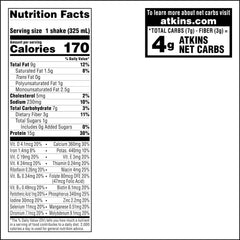 Nutrition label on Atkins shake highlights 15g protein and low net carbs