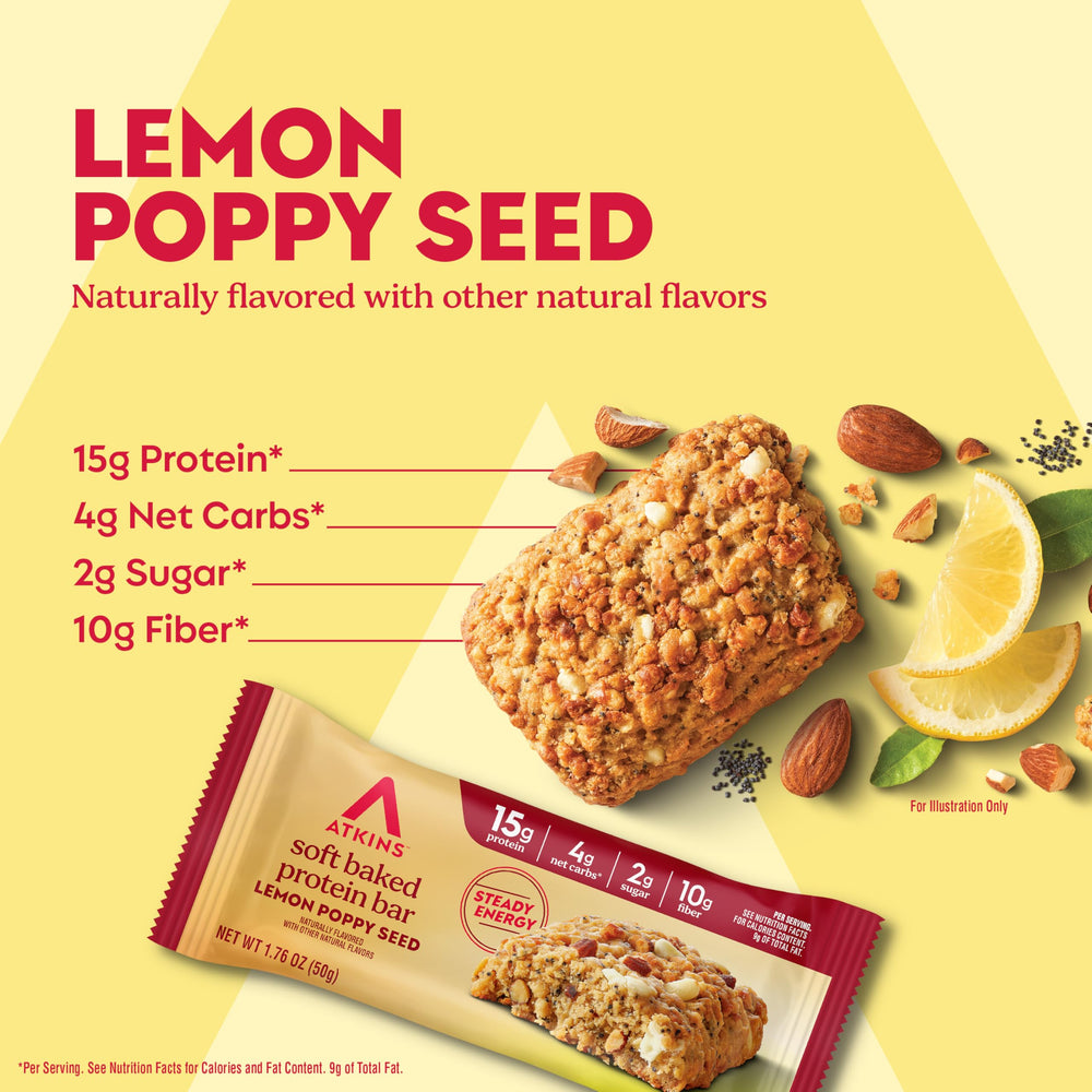 Close-up of Atkins bar slice showing lemon zest and poppyseed texture for cravings